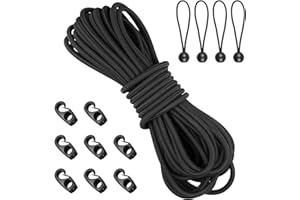 HLOGREE Bungee Shock Cord,Elastic Rope,Bungee Straps,Kayak Elastic Cord,Marine Grade Shock Cord Ends,Kayak Bungee Cord Replacement Kit,Stretch String with Hooks& Bungees Ball Cords - 1/5'' x 19.6ft, Black