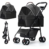 PAWFLOW Pet Strollers for Small and Medium-Sized Dogs and Cats (Black) | Foldable Pet Stroller with a Removable Pet Carrier, Storage Basket, and Cup Holder, Supports Up to 44 lbs