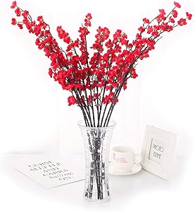 Charmly 5 Pcs Artificial Plum Blossom Fake Wintersweet Long Stem Plastic Flowers Home Hotel Office Wedding Party Garden Decor 27.5'' High Red