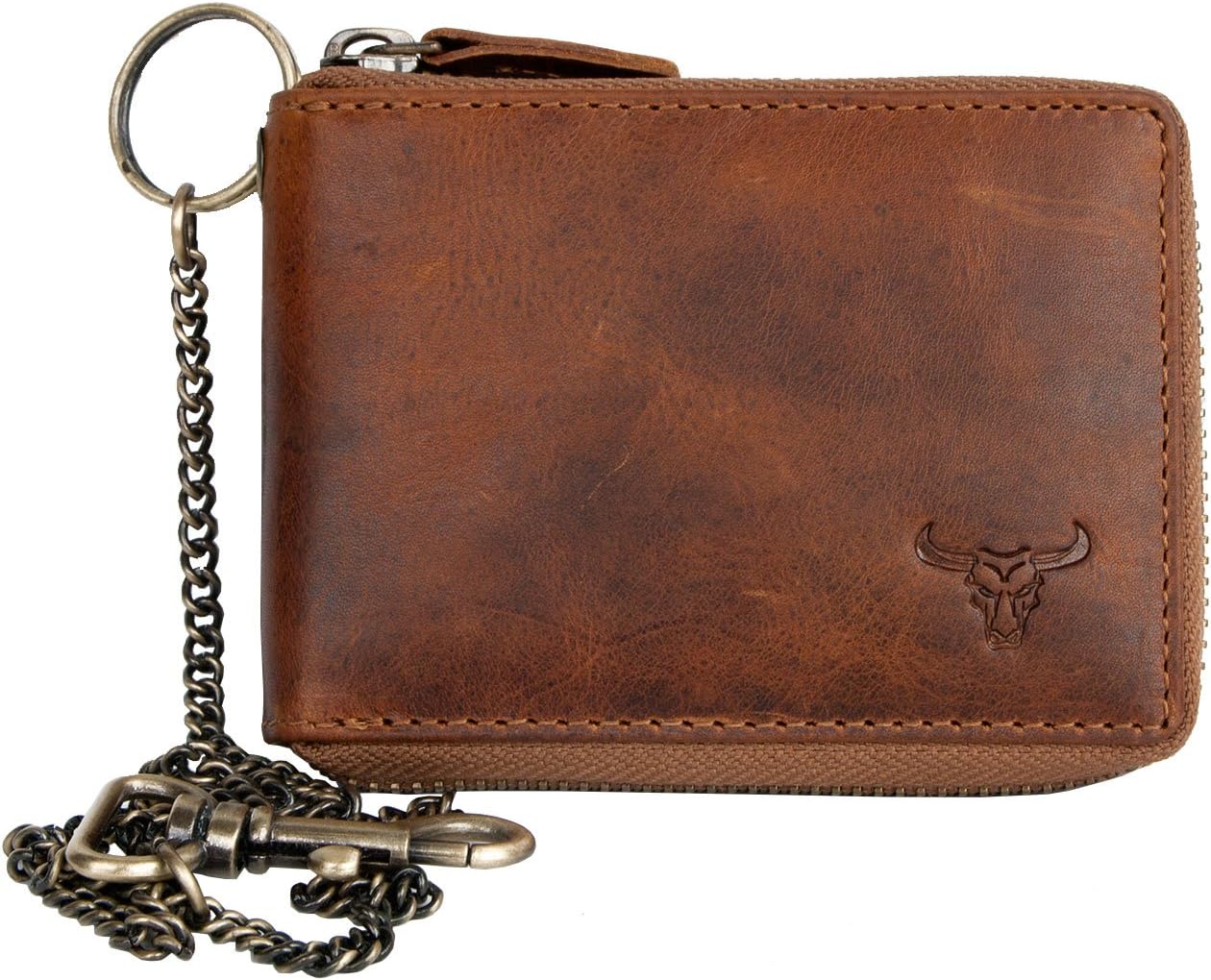 FLW Glazed Genuine Leather Pocket Sized Wallet with a Bull Skull and a Chain, Tan