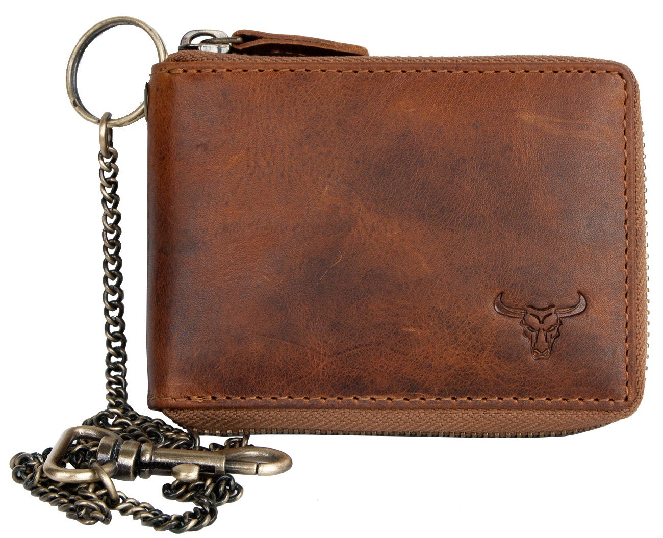 FLW Glazed Genuine Leather Pocket Sized Wallet with a Bull Skull and a Chain