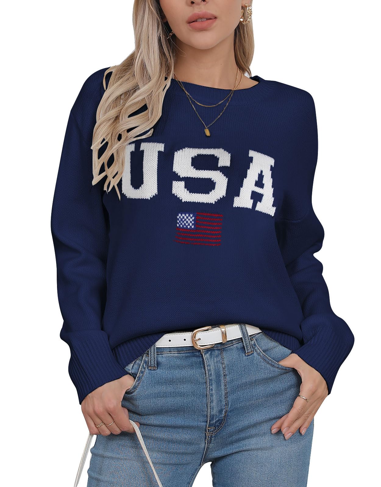 Drvitor Womens American Flag Sweater Long Sleeve Crew Neck Knitted ...