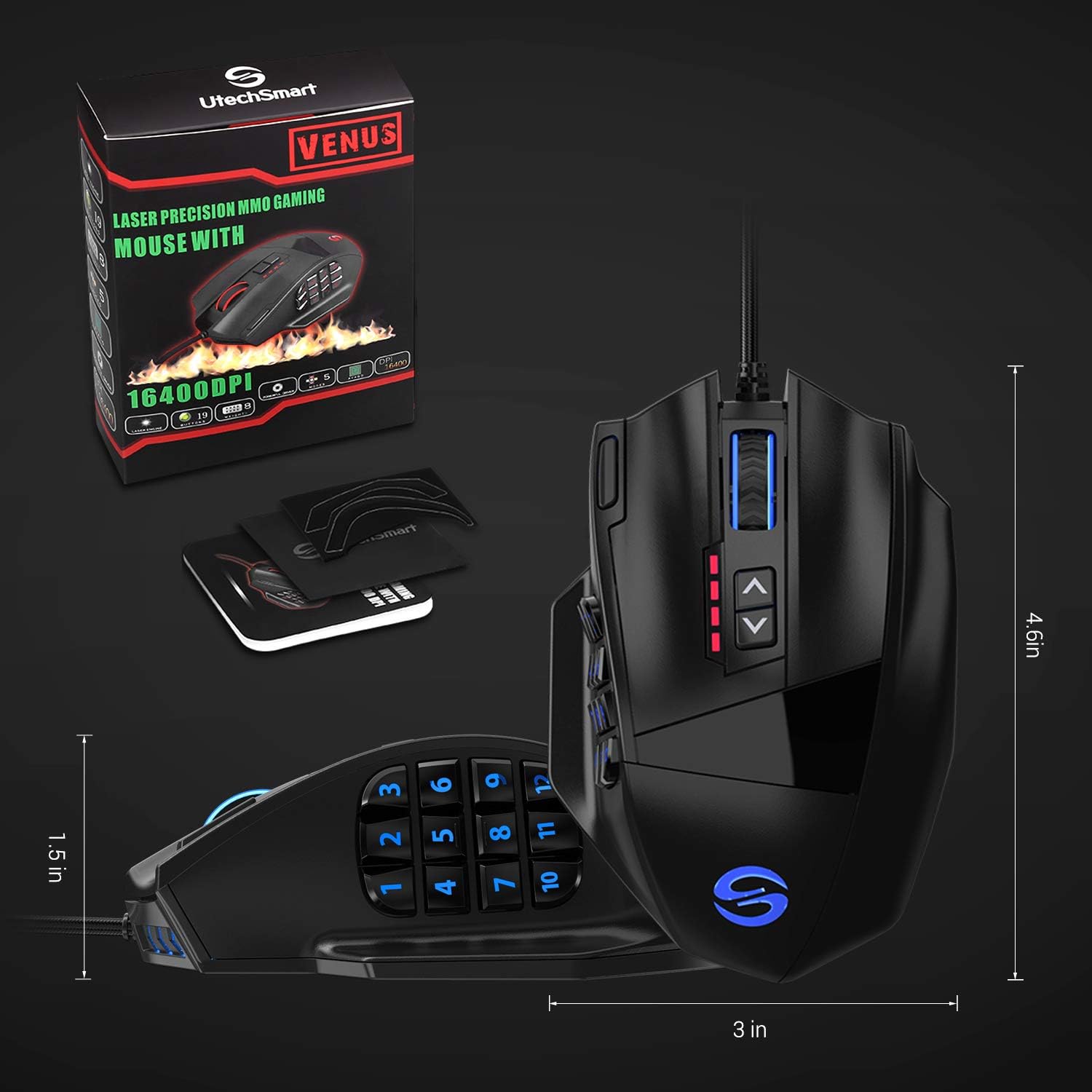UtechSmart Venus Gaming Mouse RGB Wired, 16400 DPI High Precision Laser Programmable MMO Computer Gaming Mice [IGN's Recommendation]: Computers & Accessories