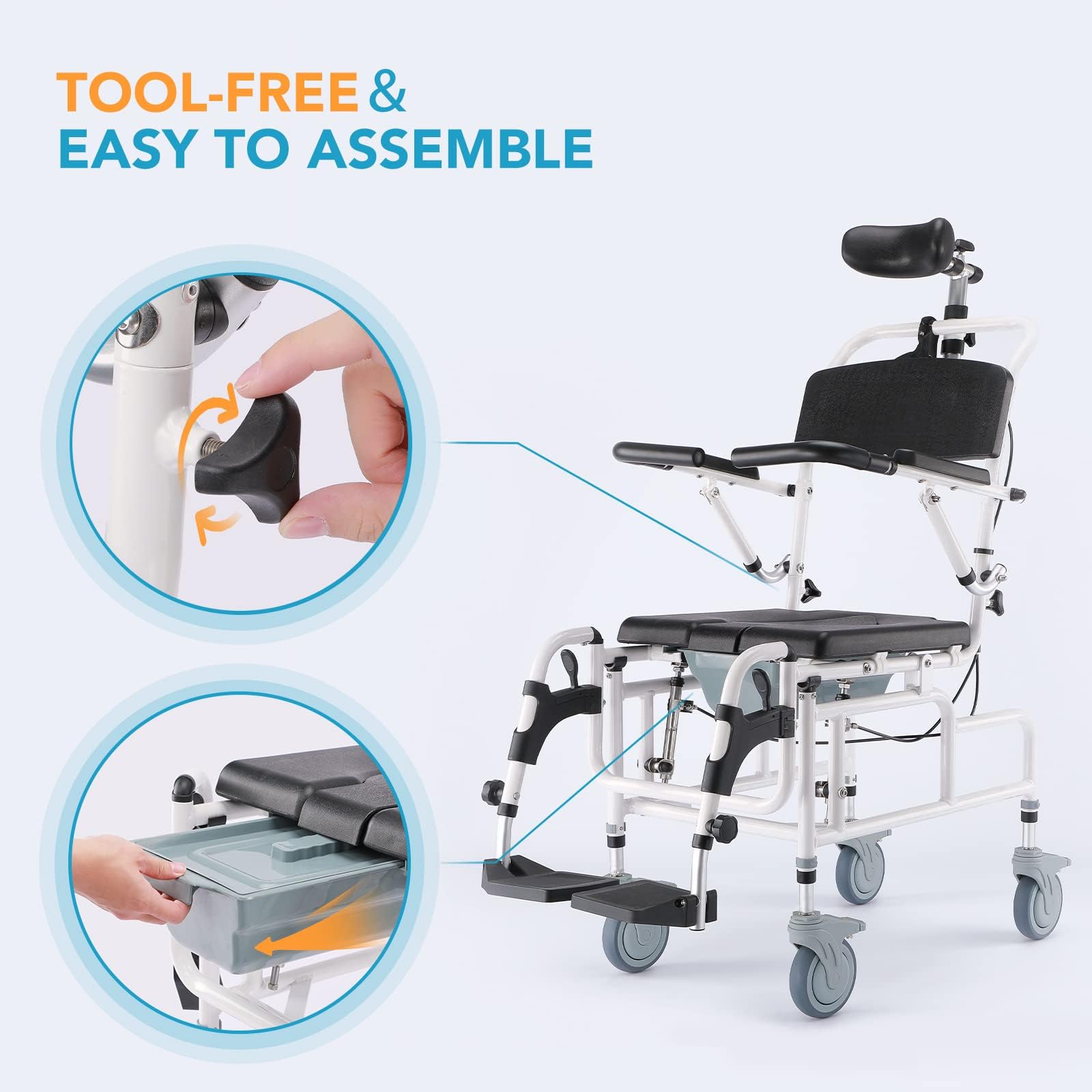 OasisSpace Personal Mobility Assist Bedside Commode Toilet Chair, Tilt Shower Commode Wheelchair, 4-in-1 Shampoo Chair 30° Reclining and Headrest, Adjustable Transport Rolling Chair(FSA HSA Eligible)