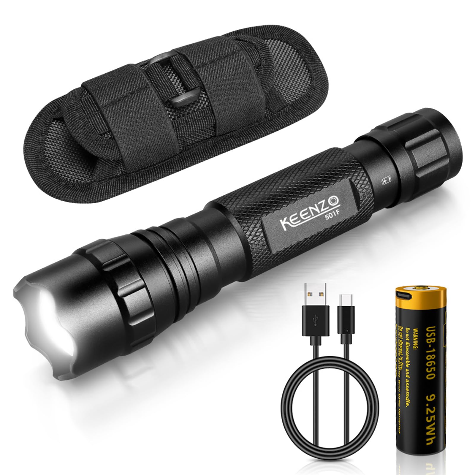 KEENZO LED Tactical Torch, Super Bright Handheld Torches, Small Police Flashlight with Holster for Duty Belt,IP65 Waterproof Zoom Focus Spotlight for Outdoor Hiking Camping Searchlight ﻿ ﻿