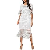 VERWIN Women's Fringe Sequins Short Sleeve Tassels Maxi Dress for Prom, Party, and Cocktail