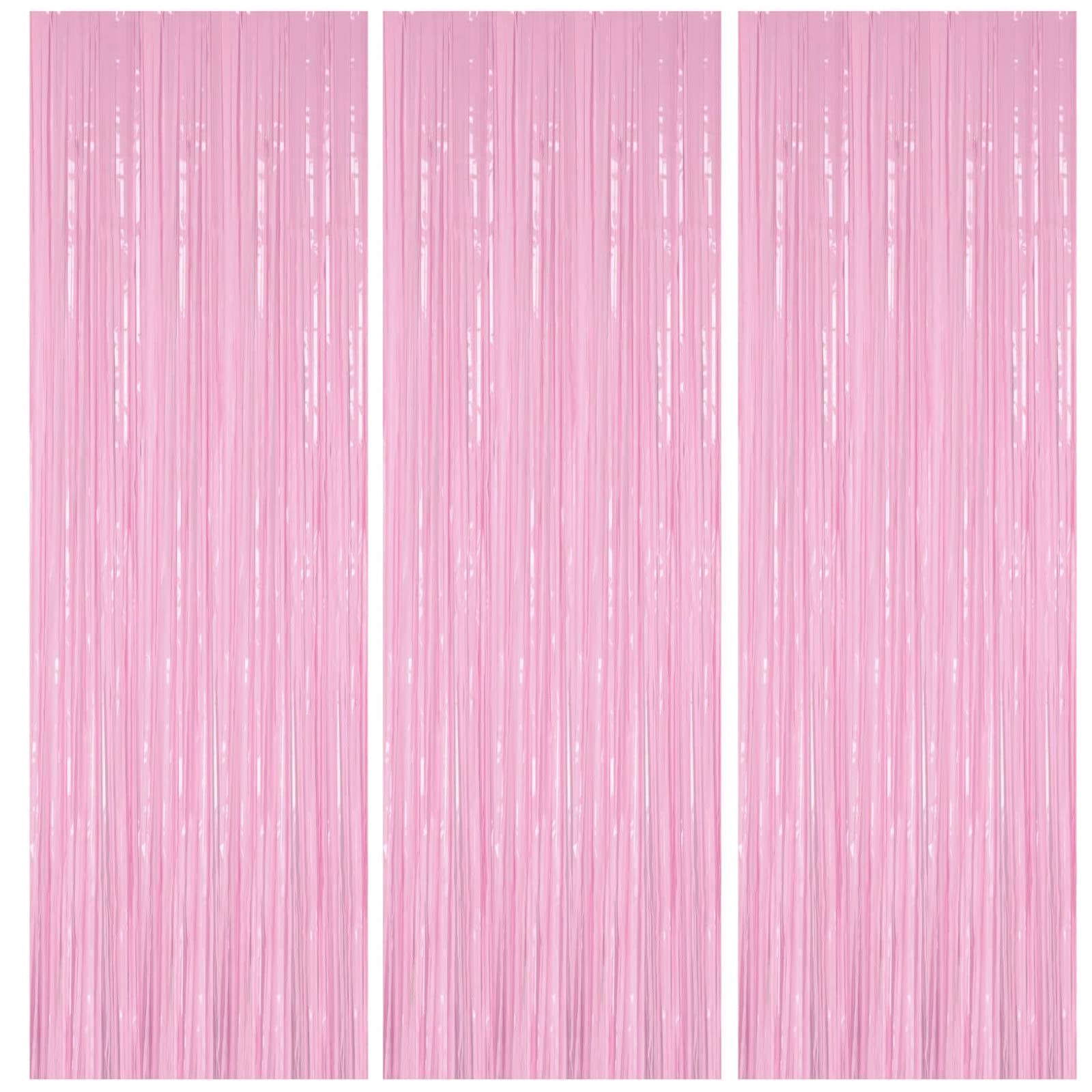 HONGCI 3pcs 3.2x6.5ft Macaron Pink Tinsel Curtain Door Streamers Fringe Foil Curtain Photo Backdrop Birthday Party Decorations for Girls Women Hen Do Wedding Party Decor Banner Pink — image 1