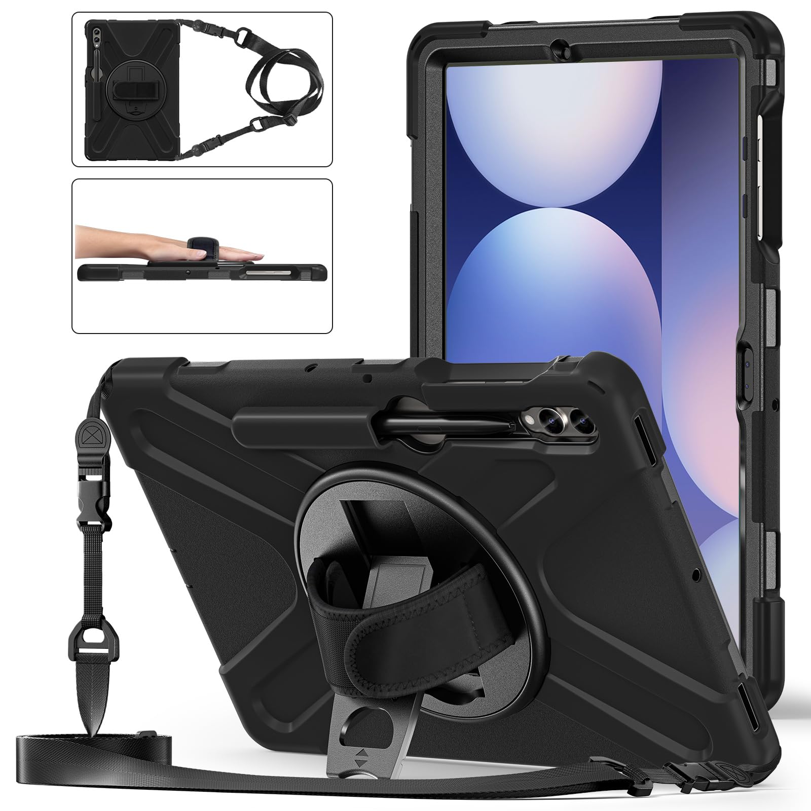 Gerutek Case for Samsung Galaxy Tab S10+/S9 FE Plus/S7 FE/ S9 Plus/S8 Plus/S7 Plus, Samsung S10 Plus Case Shockproof Rugged with 360 Rotating Stand/Hand & Shoulder Strap Cover Tab S10 Plus,Black