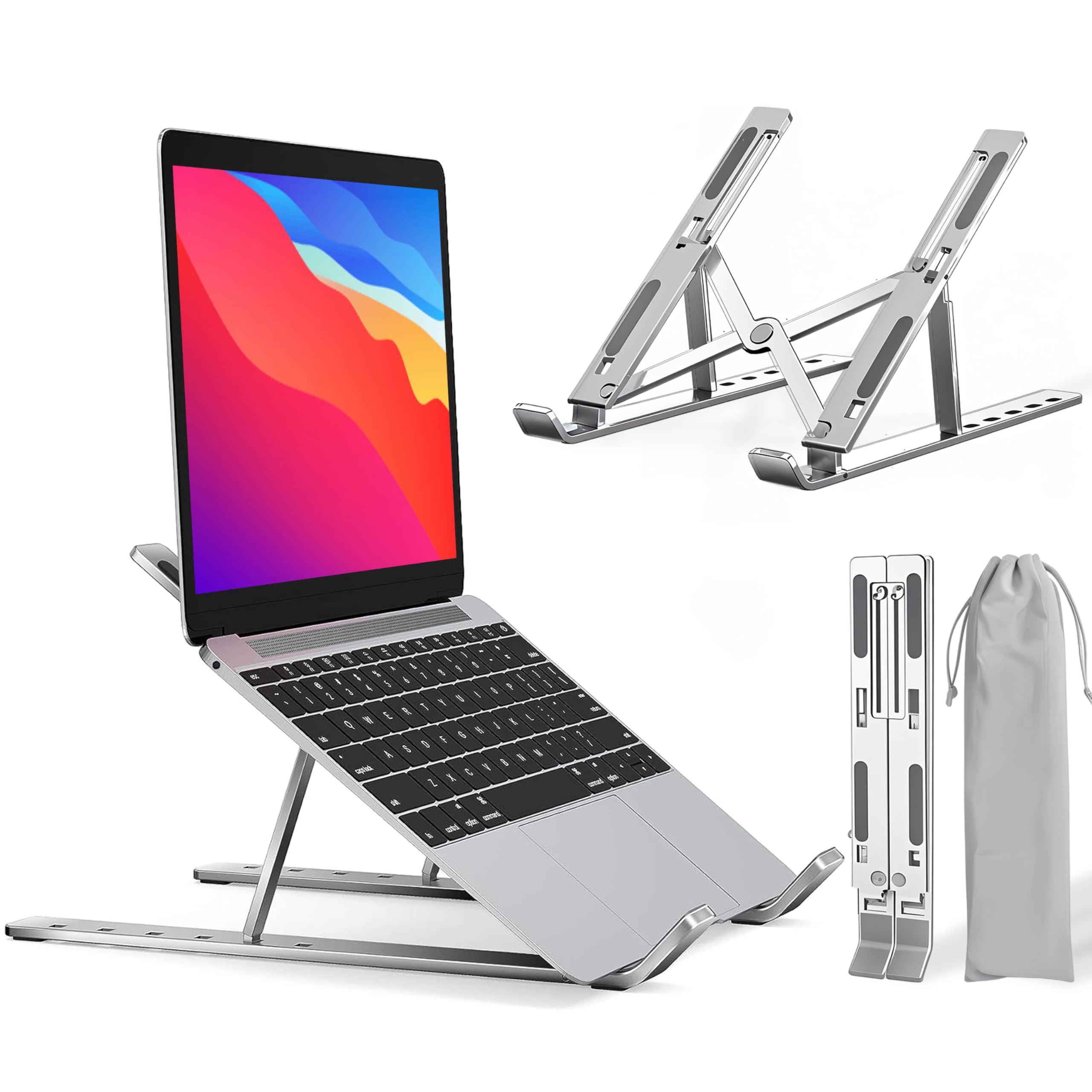Laptop Stand for Desk, Aluminum Alloy Foldable Portable Laptop Holder, Silicone Anti-Slip, Adjustable Laptop Riser, 6-Position Adjustment, Ventilated Cooling Notebook Stand, for 10-15.6” Laptops