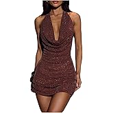 SweatyRocks Women's Halter Sexy Backless Sequin Mini Prom Party Dress Cowl Neck Sparkly Night Out Dresses