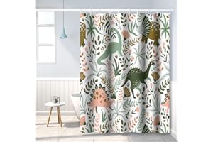 Umpoo Dinosaur Themed Bathroom Shower Curtain - Green Dino Tropical Leaves With Hooks, Waterproof Fabric Polyester for Kids Baby Bathtub Decorative, 72x72 Inch