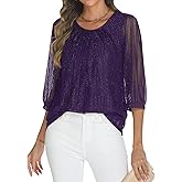 Relipop Womens 3/4 Sleeve Sparkle Top Casual Loose Fit Mesh Pleated Double Layered Tunic Tops