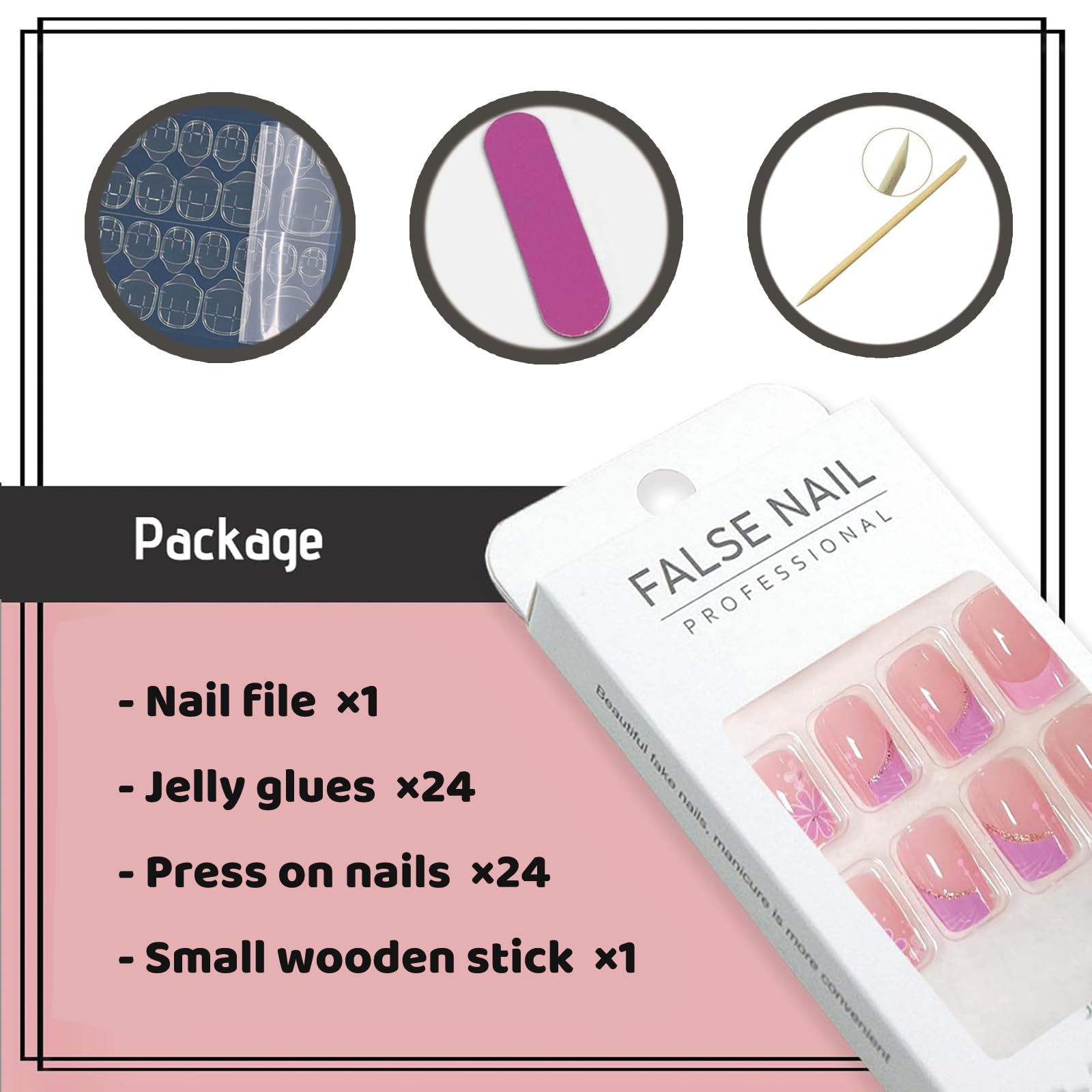 YOSOMMK French Flower Fake Nails Square Short Press on Nails with Glitter Sequins Designs Glossy False Nails Pink Stick on Acrylic Nails for Women and Girls - Image 6