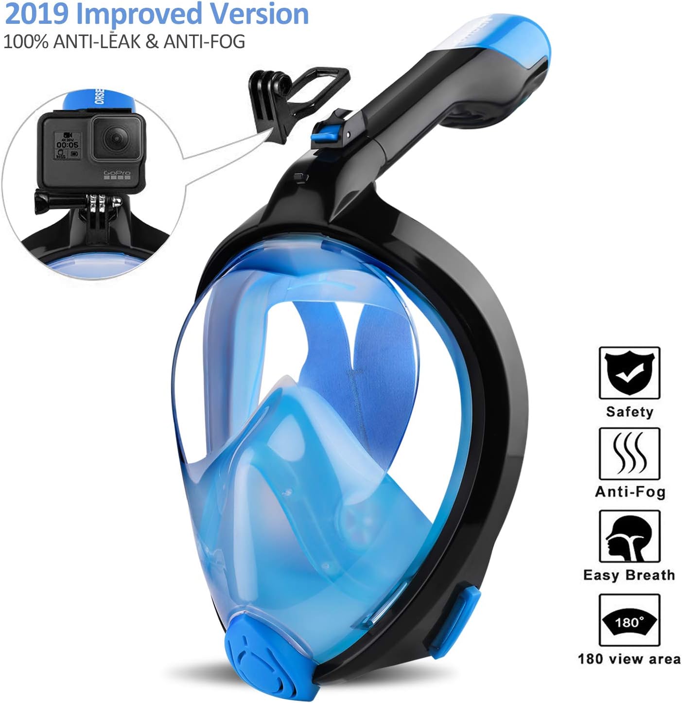 Orsen Newest Version Full Face Snorkel Mask Foldable 180 Panoramic View Free Breathing Snorkeling Mask with Detachable Camera Mount,Anti-Fog Anti-Leak for Adults & Kids