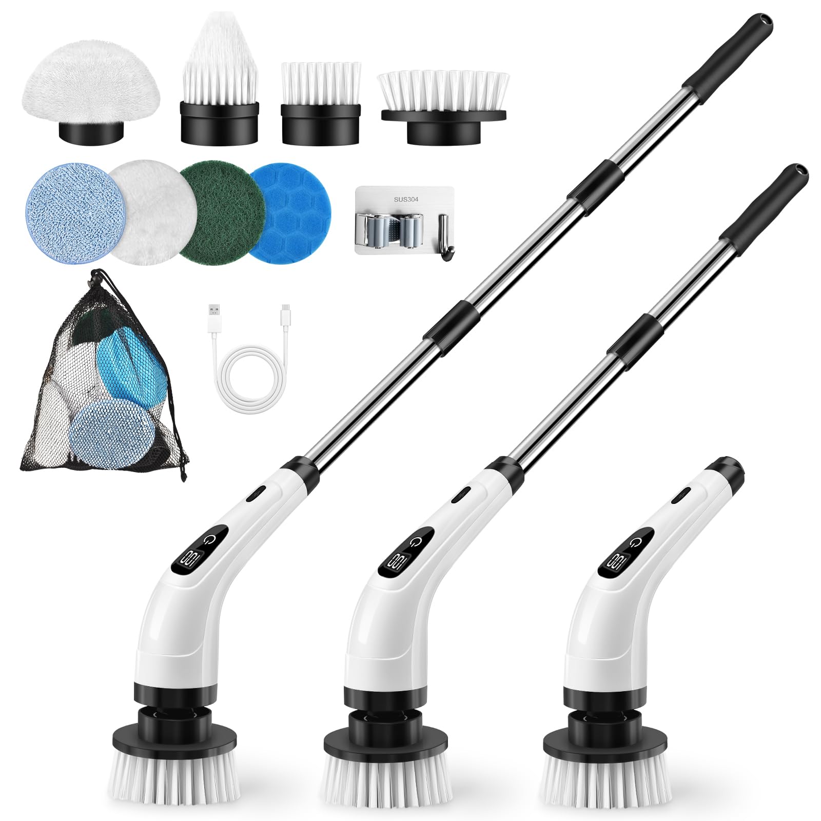 Photo 1 of GOXAWEE Electric Spin Scrubber, Cordless Cleaning Brush with 8 Replaceable Brush Heads, Power Shower Scrubber with Long Handle for Bathroom, Tub, Tile, Floor (White)