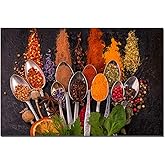 Colorful Spices Put on Each Spoon Warm Color Large Artwork for Kitchen Dining Room Wall Art Poster Print Coffee Shop Picture Canvas Painting Home Hallway Decor Framed 16x24inch