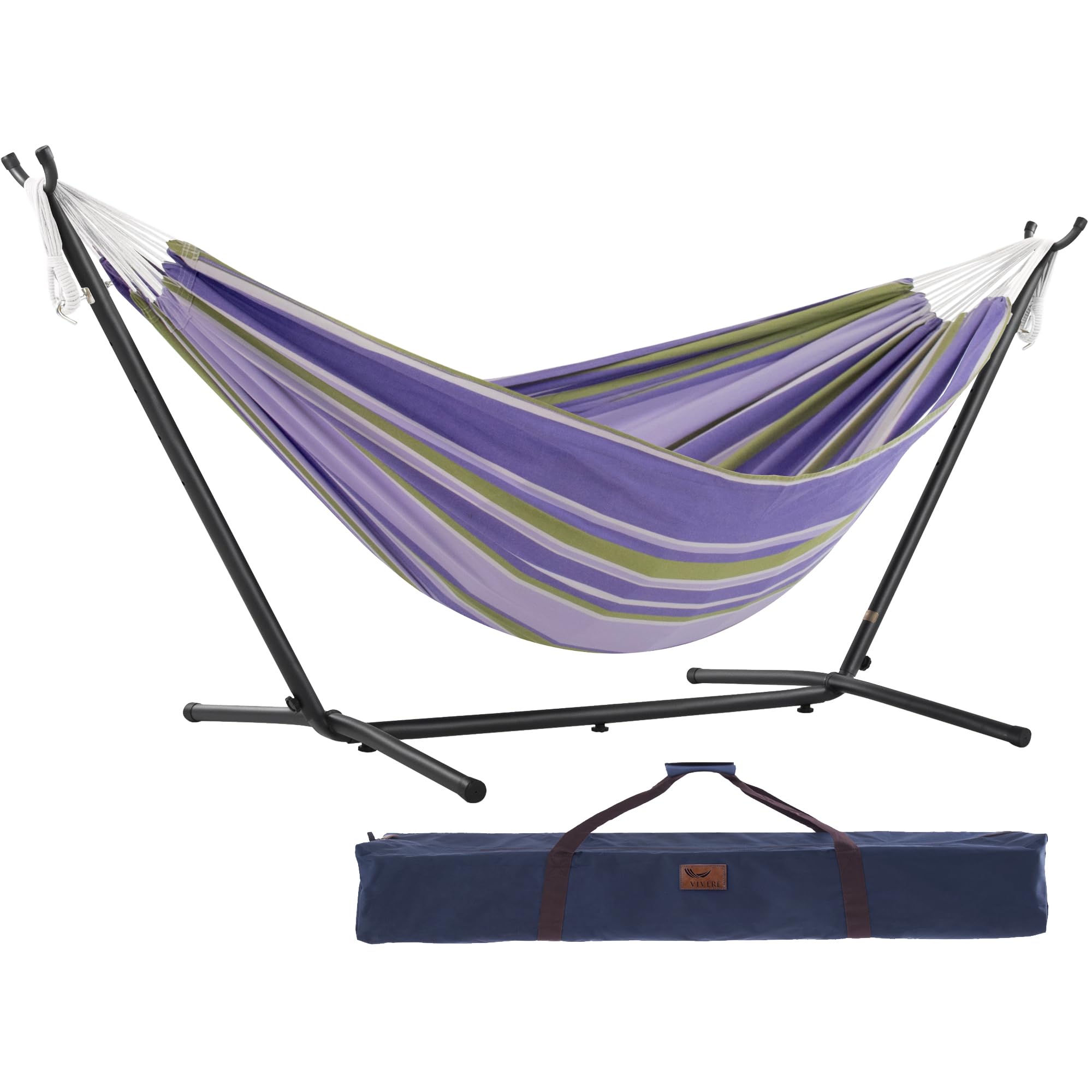 Vivere Double Cotton Hammock with Space Saving Steel Stand, Upgraded Polyester End Strings 450 lb Capacity – Premium Carry Bag Included – USA Grown Cotton (Tranquility)