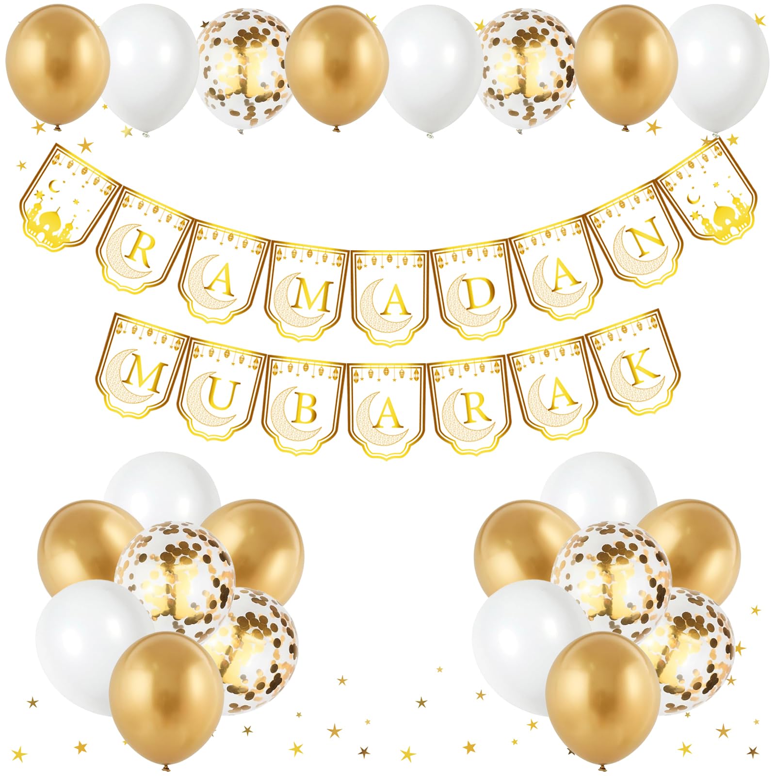 Ramadan Mubarak Decorations for Home, 14PCS Balloons + Ramadan Eid Mubarak Banner, Eid Festival Party Supplies