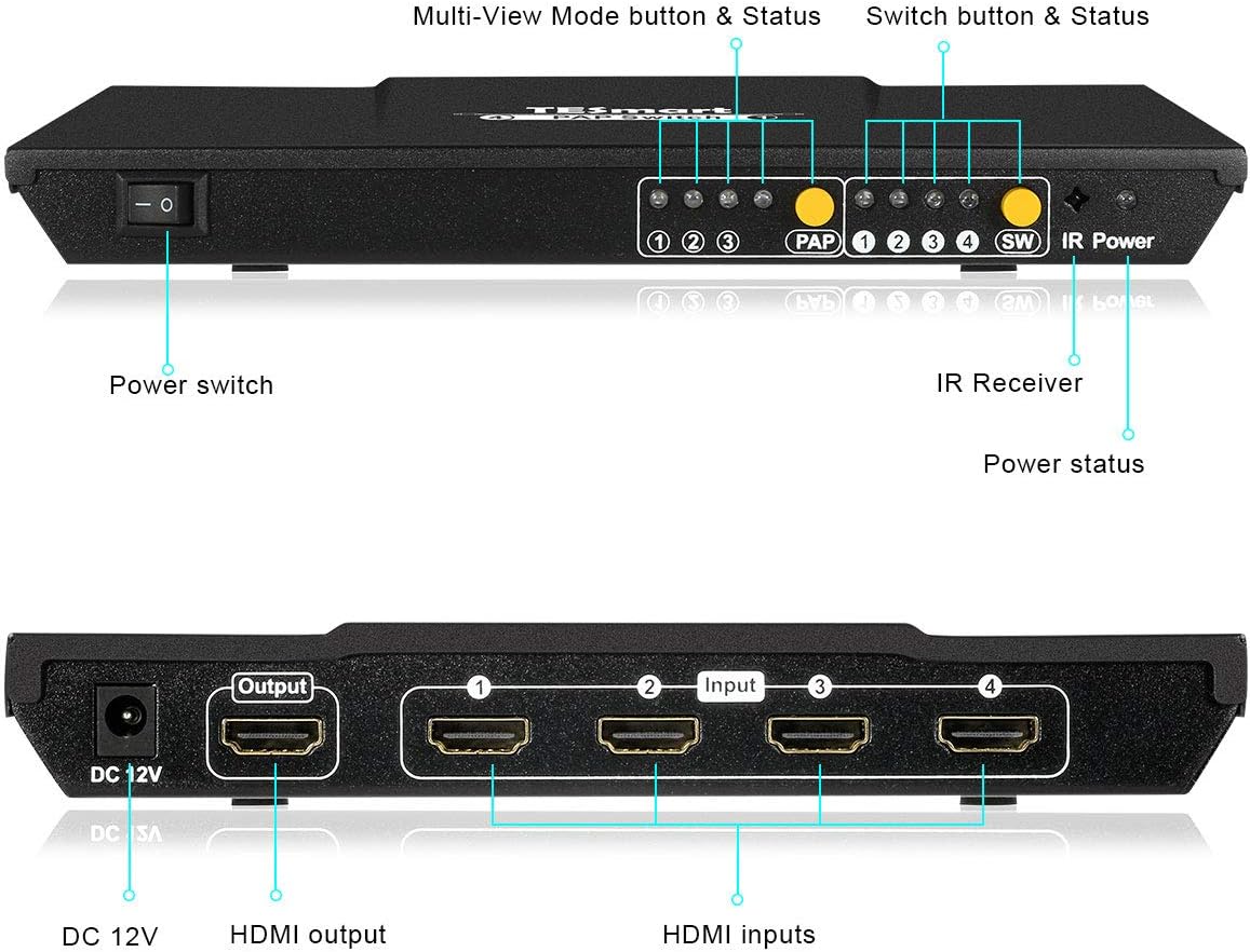 TESmart HDMI Switch 4X1 Quad Screen Multi-Viewer Splitter Seamless Switcher with 5 Display Modes IR Remote, Support 1080P@60Hz 4 in 1 Out(Black): Home Audio & Theater