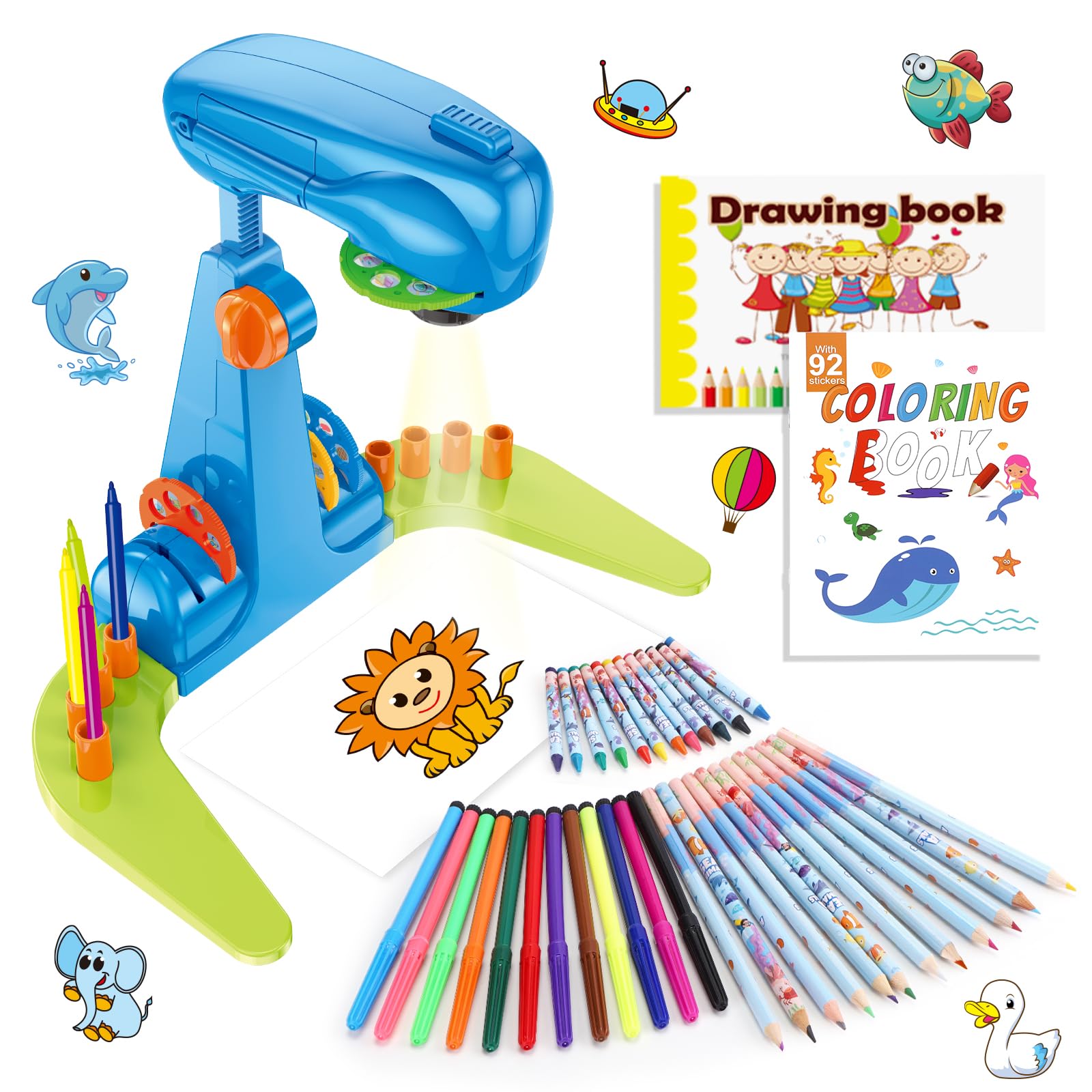 Boys Drawing Projector Toy for Kids with Water Colour Pens, Marine animals Colouring Book, Drawing Pad and Ruler, 72 Patterns Art Painting Set, Educational Toys for 3 4 5 6 Years Old Girls and Boys