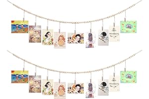 QXUJI 2PCS Wall Hanging Photo Display with Wooden Beads Garland, Collage Picture Frame for Boho Wall Decoration, Photo Holders with 9 Wood Clips, for Rustic Country Decor, Home Nursery Room Dorm Decor