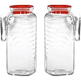 Bormioli Rocco Gelo 41 Oz Glass Pitchers with Lid - Set of 2 Carafe for Homemade Juice, Iced Tea, Milk, Cold Brew, Lemonade - Durable & Dishwasher Safe Pitcher, BPA-Free - Made in Italy (Red Lid)