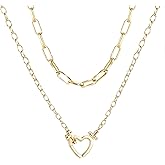Poxtex Chunky Gold Necklaces for Women Layered 14k Gold Silver Plated Heart Pearl Pendant Choker Necklace Trendy Dainty Stacked Paperclip Cuban Chain Simple Jewelry Valentine's Day Gifts Set