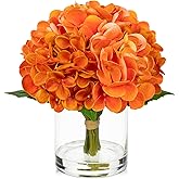 Hollyone Fall Hydrangea Artificial Flowers for Decoration Orange Hydrangea Artificial Flowers in Vase Latex Real Touch Fall Flower Arrangements Fake Hydrangeas with Faux Water Autumn Centerpiece Decor