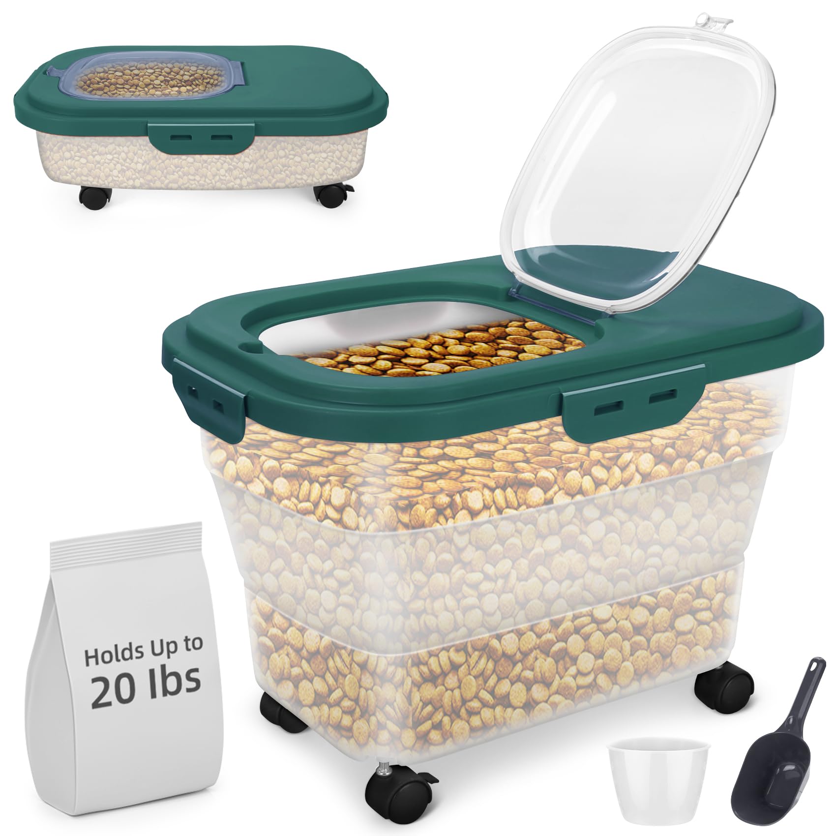 Photo 1 of YECERCAN Airtight Dog Food Storage, Collapsible Pet Food Container 17-20 lb with Castors, Plastic Dog Food Bin with Pet Food Scoop & Measuring Cup for Dry Food Storage(green)