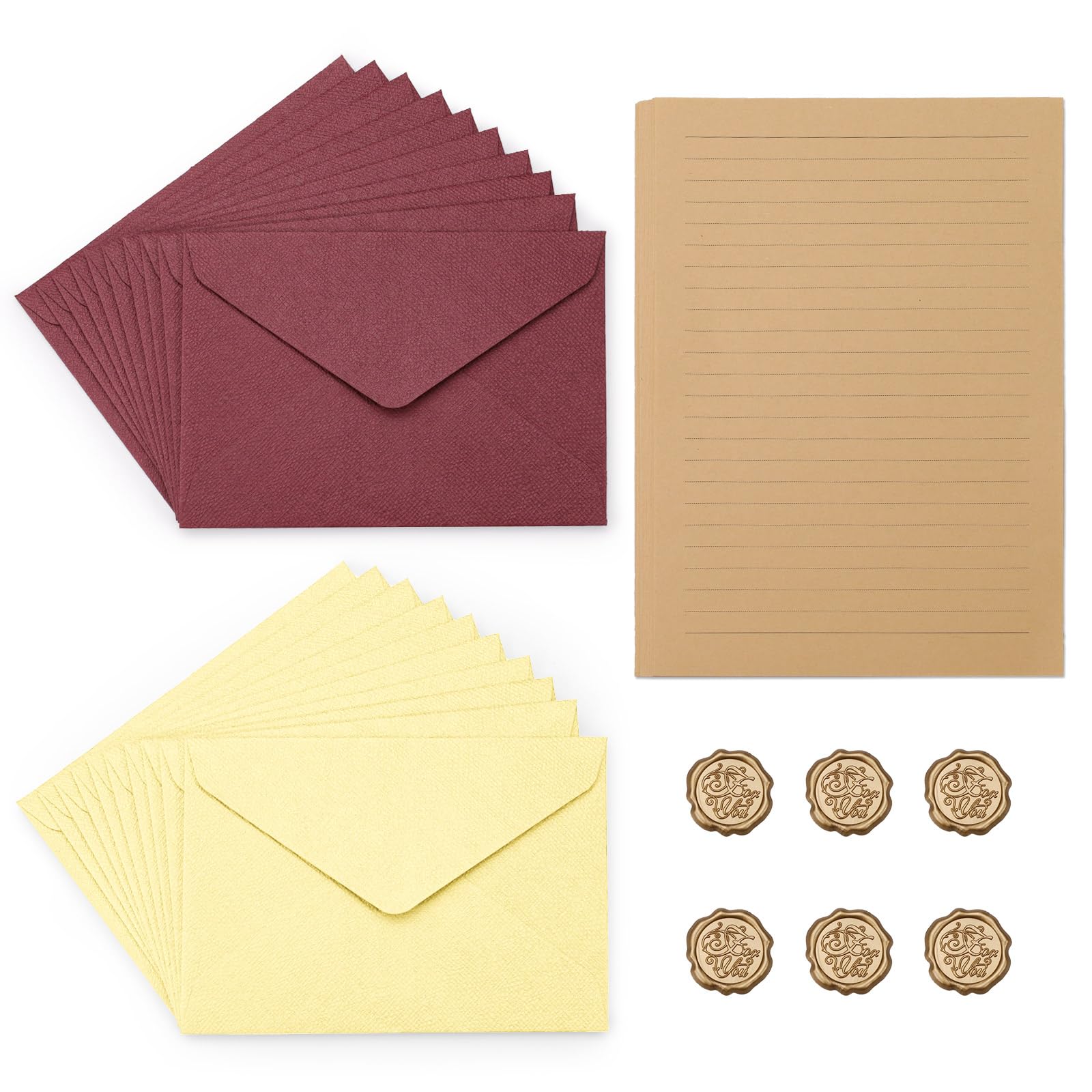 LELE LIFE 46Pcs Stationary Set and Envelopes (20 Lined Stationery Paper + 20 Linen Texture Vintage Envelope + 6 Wax Seal Stickers) for Letter Writing, 2 Colors Stationary Kit