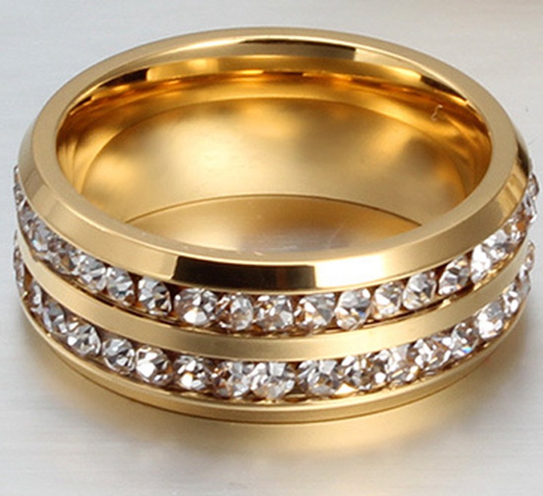 Mens Womens Promise Ring 8MM Titanium Stainless Steel Gold Plated CZ Channel Set Promise Band Size 6-13