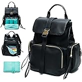 MOMINSIDE Diaper Bag Backpack with 14 Pockets, Leather Baby Bag, pañaleras para bebe Baby Registry, 4 Insulated Pockets, Changing Pad, Stroller Straps (Black)