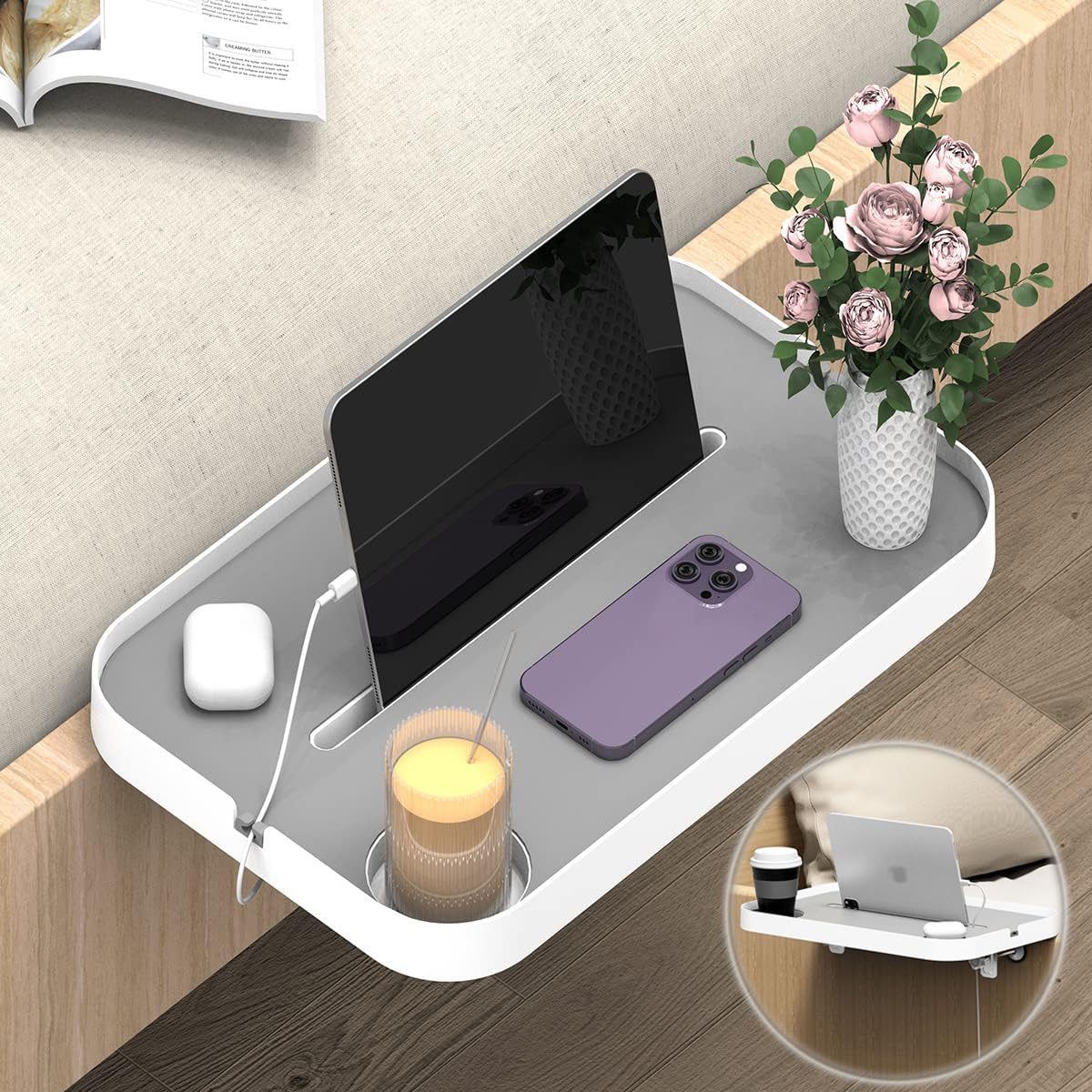 KIWIFOTOS Bedside Shelf for Bed, Clip-On Bedside Shelf Nightstand for Dorm Bunk Bed, Organizer Shelf with Cup Holder, iPad Slot, Mute Design- White (College Essentials)