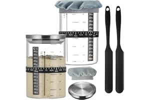 Wissy&Konny Sourdough Starter Jar,2PACK 35OZ Wide Mouth with Ounce Scale line,Date Marked Feeding Band, Thermometer, Sourdough Jar Scraper, Cloth Cover & Stainless Steel Lid Sourdough Starter Kit