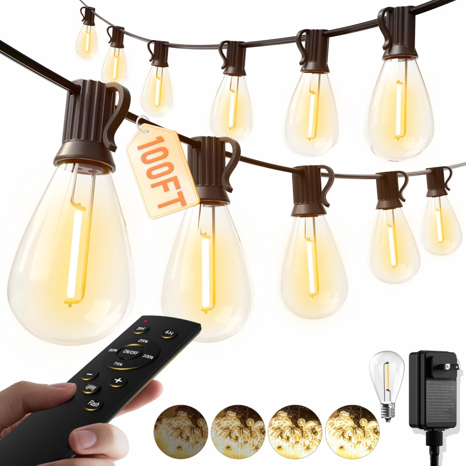 Photo 1 of luckystyle 100FT LED Outdoor String Lights with Remote, 35+ 1 Shatterproof Bulbs Waterproof and Dimmable Patio Lights for Porch, Garden, Backyard, Deck, Balcony, 2700K Hanging Lighting