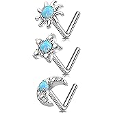 MeIighting 3pcs 20G L-Shaped Nose Ring Set, 7mm Star and Moon Nose Studs, Stainless Steel 316L Nose Jewelry with White Opal and Zircon, Celestial Nose Piercing Jewelry for Women
