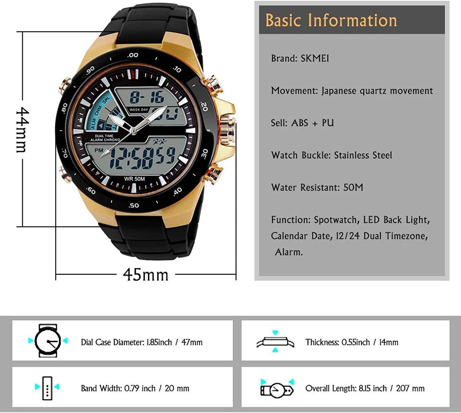 Carrie Hughes Men's Digital Watch 50M Waterproof Large Dual Dial Multifunction Analog Military Outdoor Sports Electronic Watch Calendar Day Date CH031: Sports & Outdoors