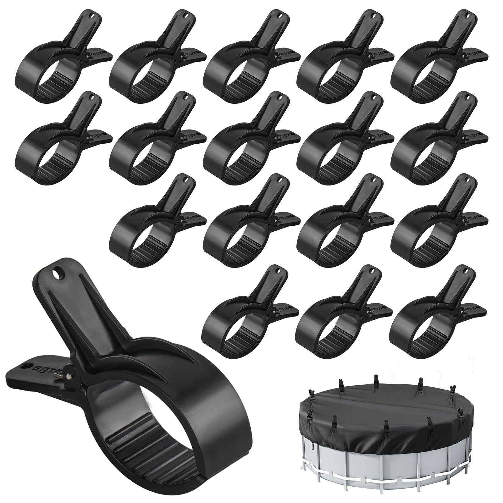 Photo 1 of 18PCS Pool Cover Clips for Above Ground Pools, Solar Cover Holder, Non-Slip Plastic Round Pool Cover Clamps, No Piercing Scratch Design (Black, Large)