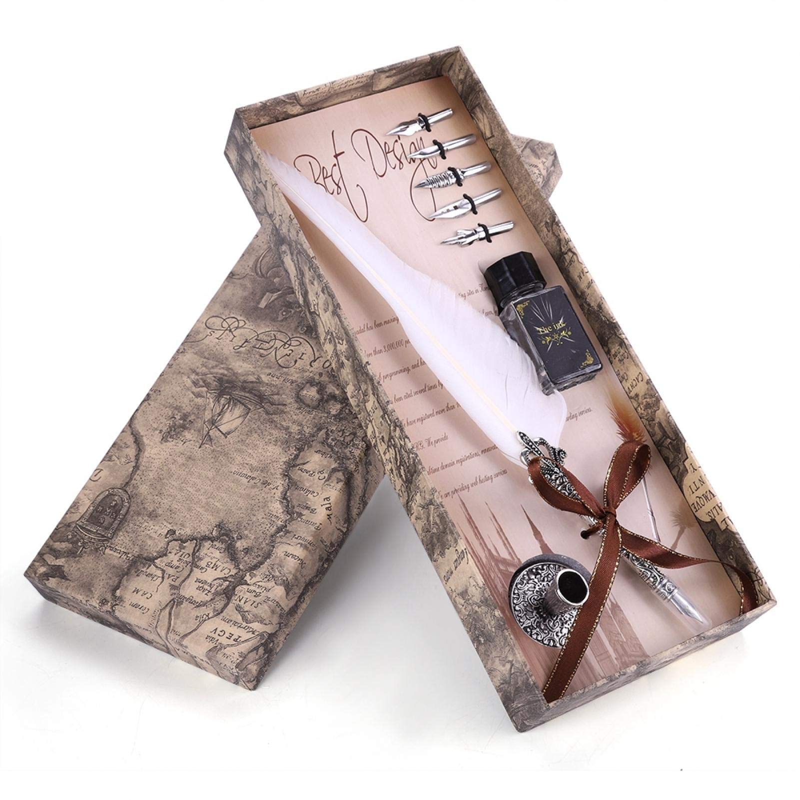 KIKYO Quill Feather Pen 5 Replacement Nibs + Dip Ink Bottle Retro Dip Pen Perfect Vintage Gift Box for Art and Craft(Vintage white)