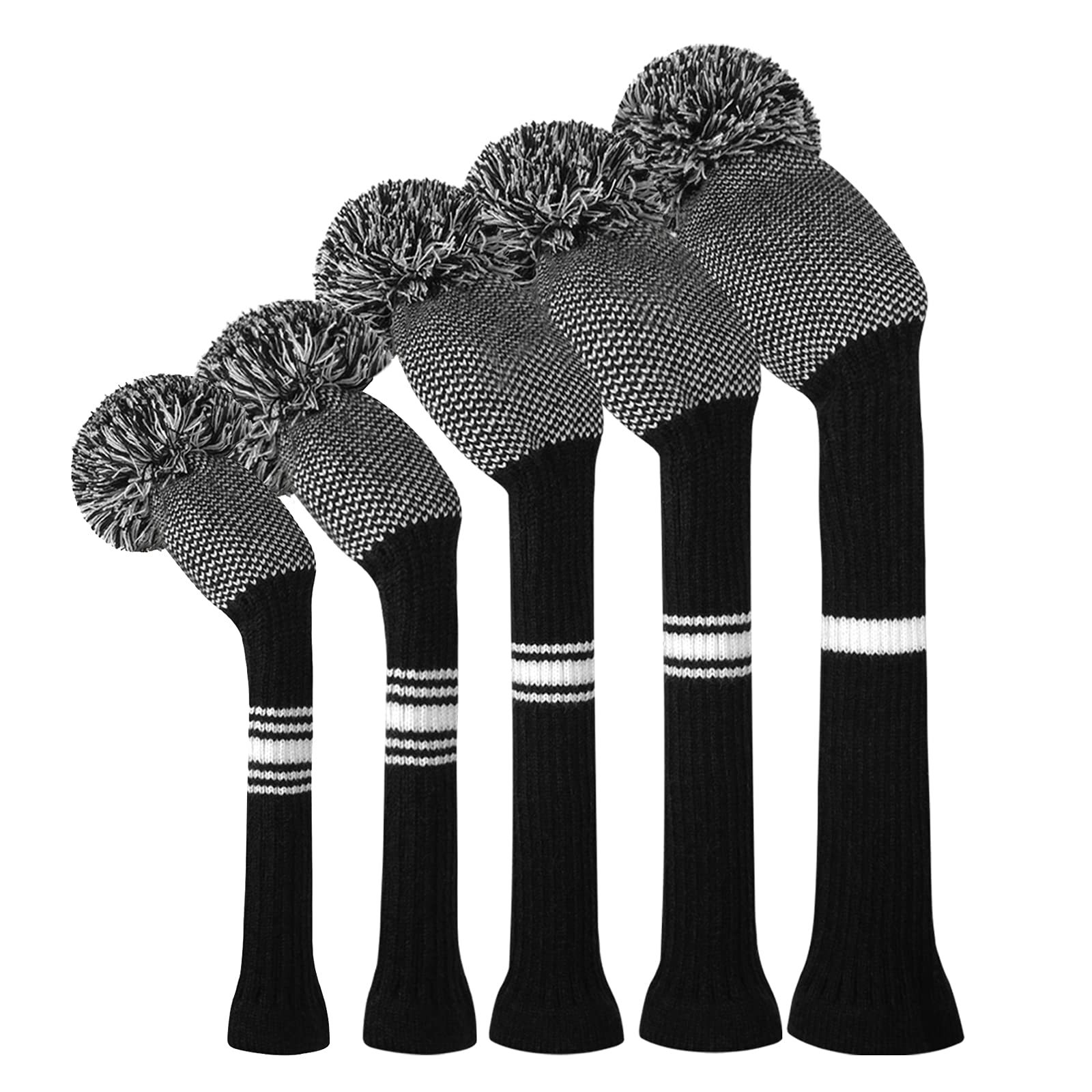 Golf Head Covers for Woods 5 PCS Knit Golf Club Cover Driver Cover*1 Fairway Wood*2 Hybrid (UT)*2 Stain Resistant&Washable, with Fluffy Pom Poms (Black White Dots)