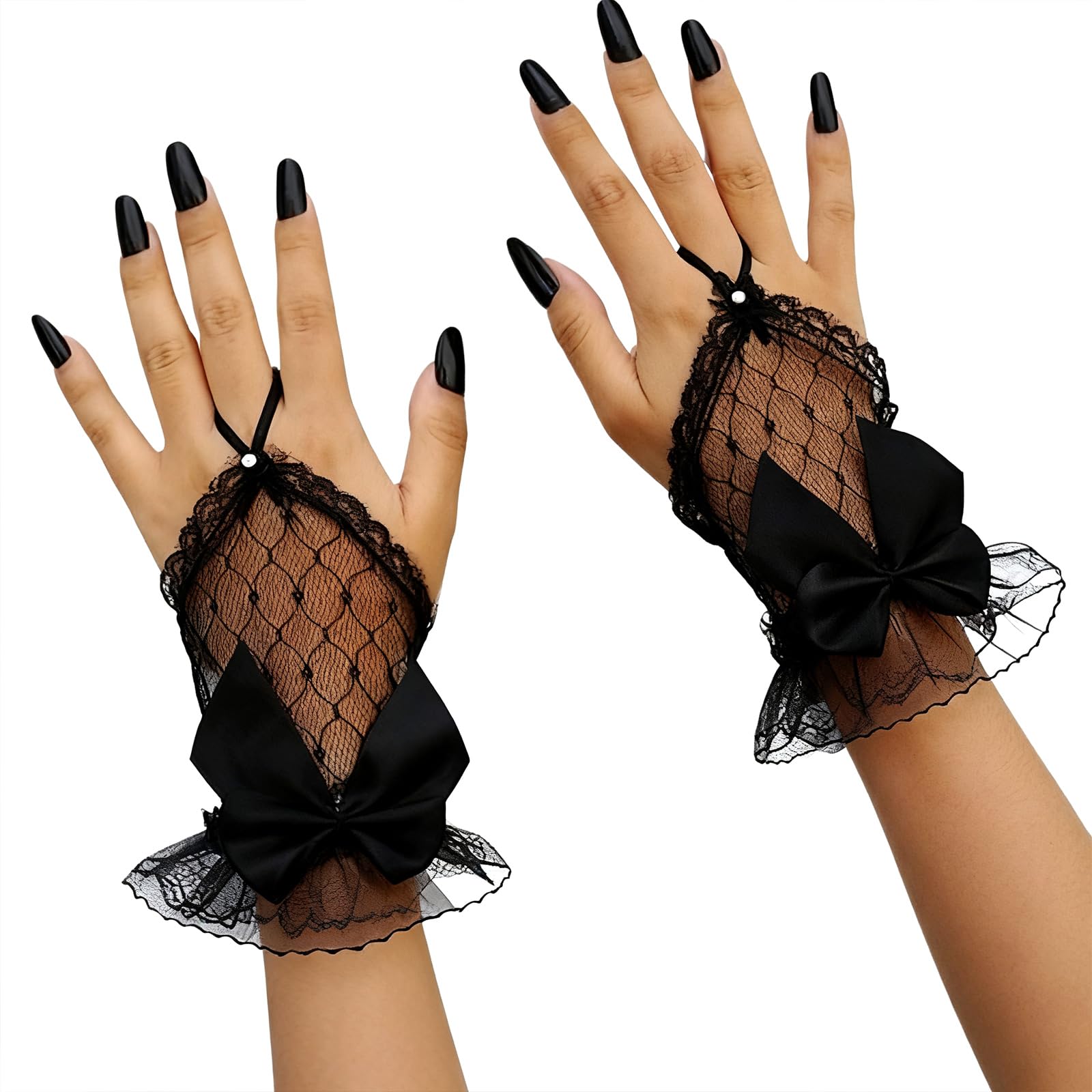 Women's Bow Fingerless Lace Gloves Mesh Sheer Gothic Gloves for Tea Party