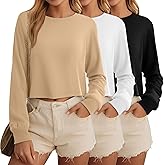 Ficerd 3 Pack Cotton Cropped Long Sleeve Tops for Women Loose Fit Crew Neck Drop Shoulder Crop T Shirts Basic Tee