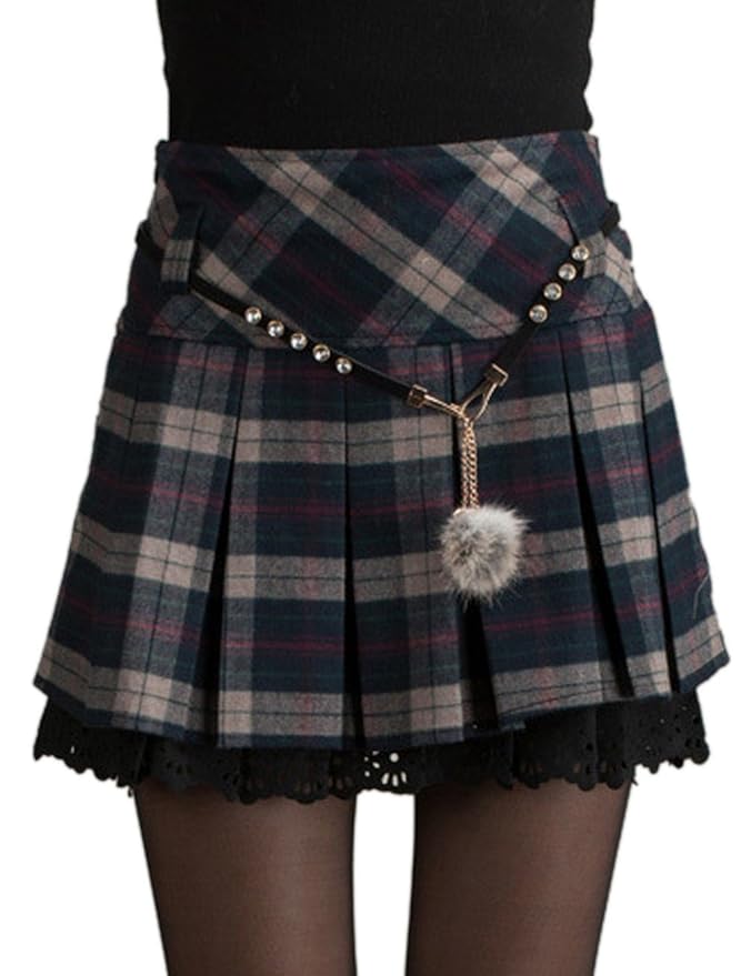 EMMA Damen Frühling Elegant Kariert Faltenrock Tartan Bedruckt Hohe Bund Stretch Mini Skater Doppelt Spitzen Rock Plissee Sch