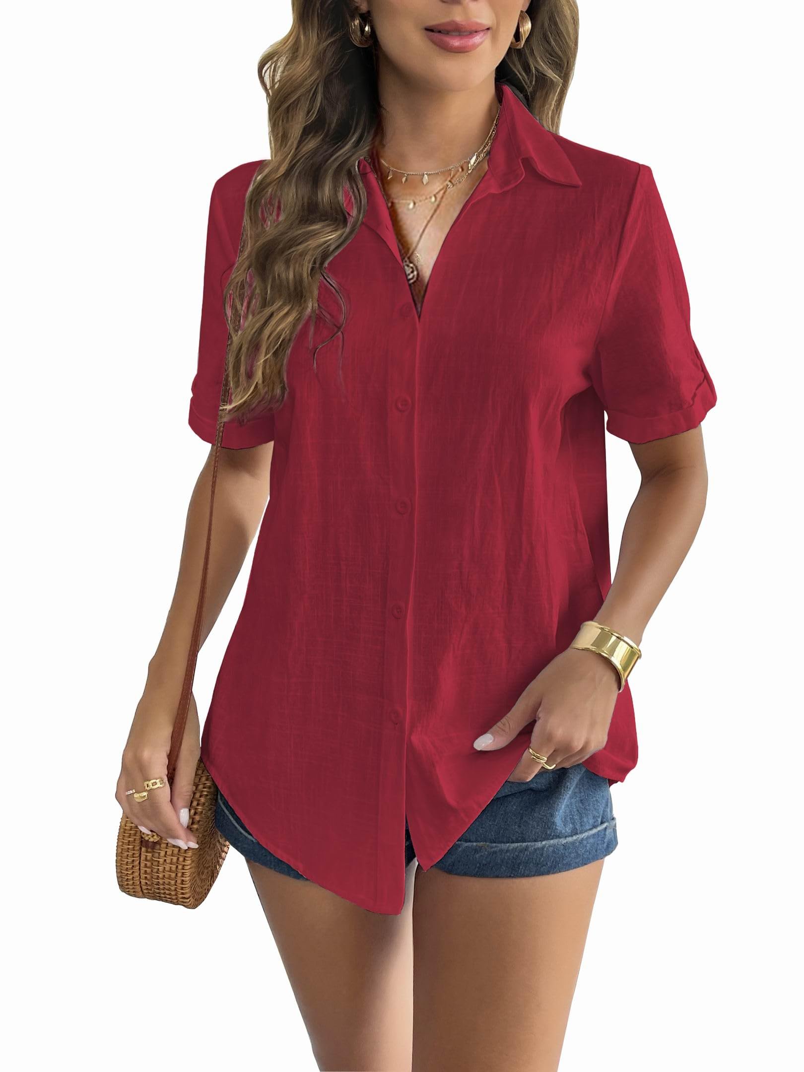 Zeagoo Womens Button Down Shirt Short Sleeve V Neck Camp Shirt Linen ...