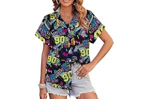 ALUVEE 80s 90s Outfits for Women 80s Party Themed Outfit Shirt 90s Hawaiian Button Down Shirts Retro Neon Disco tee Tops