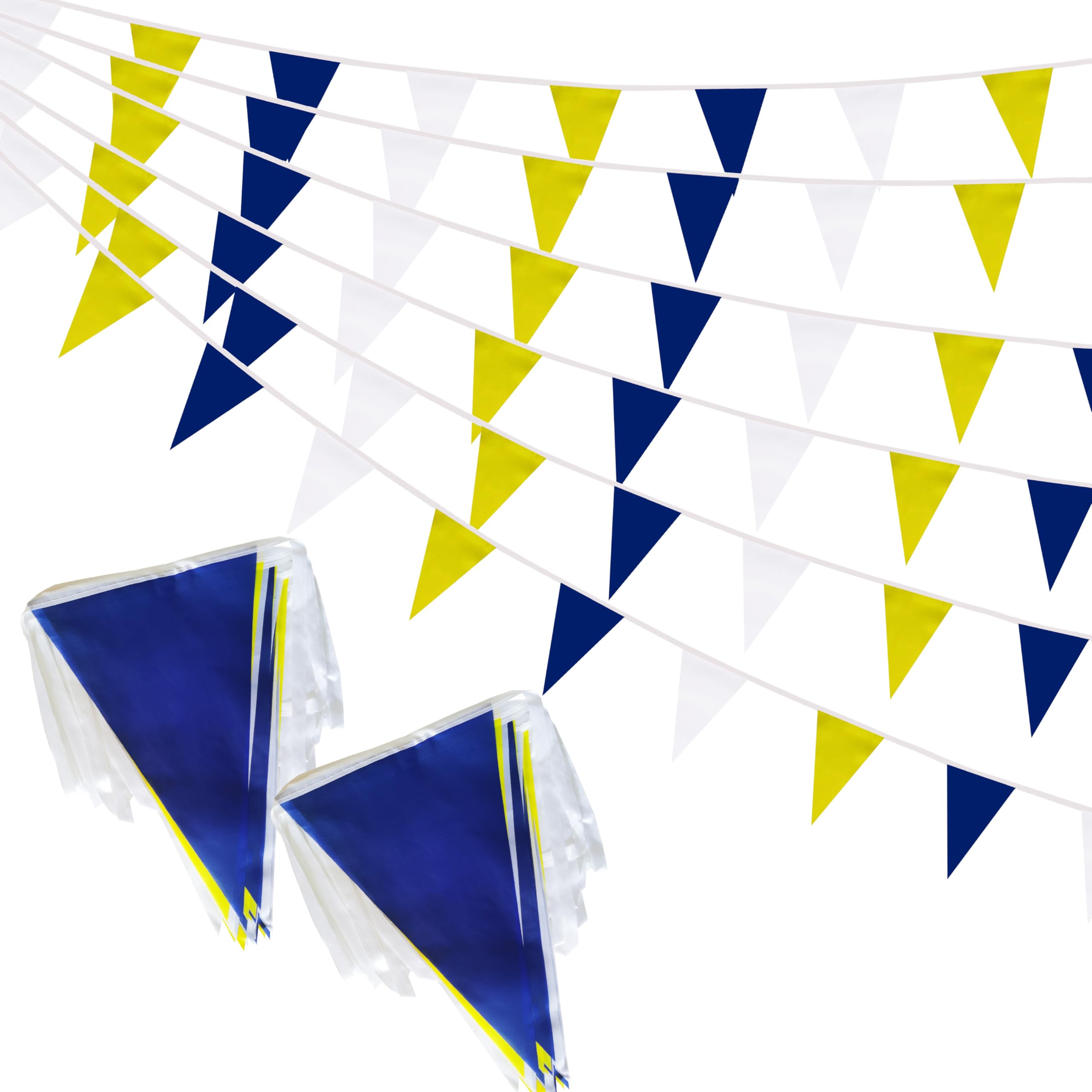 Photo 1 of 100 Feet Yellow Dark Blue & White Pennant Banner Flags String Hanging Yellow Dark Blue & White DIY Triangle Bunting Flags,Party Decorations for Grand Opening,Party Events,60 Pcs