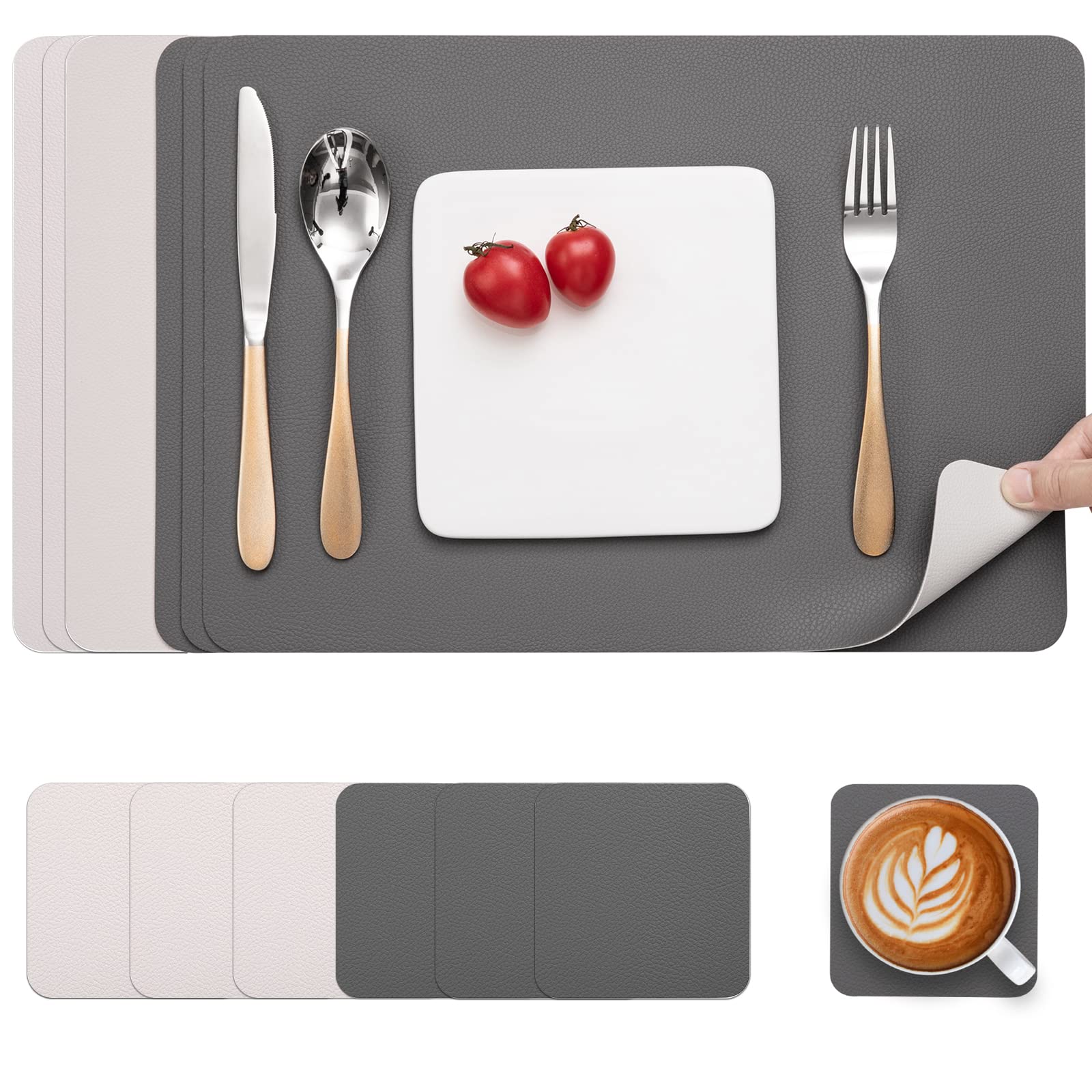 Myir JUN Leather Table Mats and Coasters, Dual-Sided Leather Placemats and Coasters Waterproof Placemats Set of 6 Place Mats Non-Slip Washable Table Mats (Gray White, Set of 6)