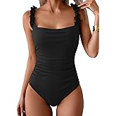 Eomenie Women's One Piece Swimsuit Tummy Control Square Neck Bathing Suit Ruffle Straps Ribbed Swimwear