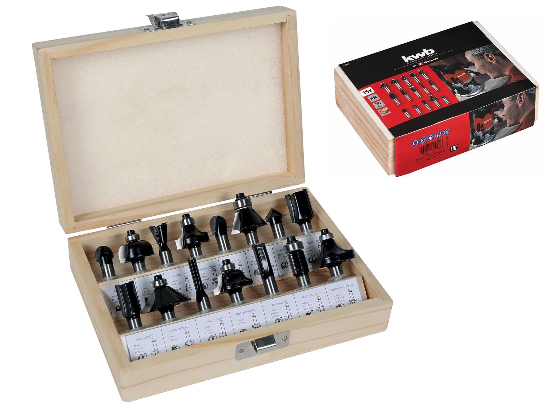 Original Einhell 15-Piece Milling Cutter Set (Suitable for Electric Routers, 15 Pieces, 8 mm Shank Diameter, in Wooden Case)