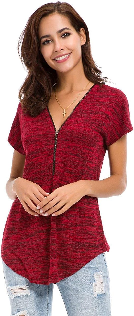 LUSMAY Womens Loose Fitting Zip Up Deep V Neck Short Sleeve Tops Tunic Casual T Shirts